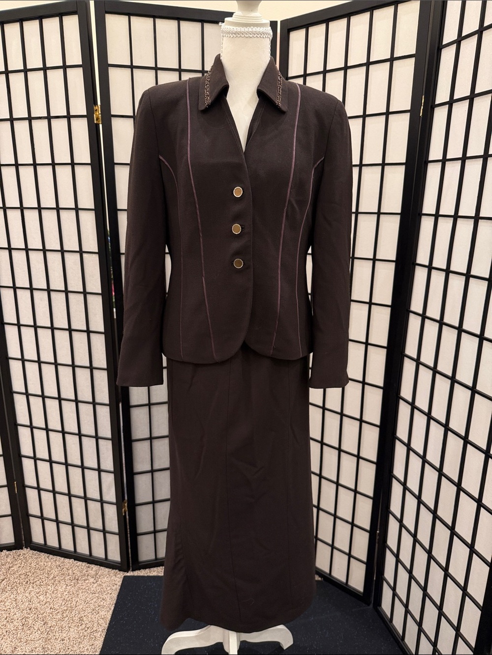 Classic Women's Brown Skirt Suit with Subtle Pink Piping short skirt and maxi sk